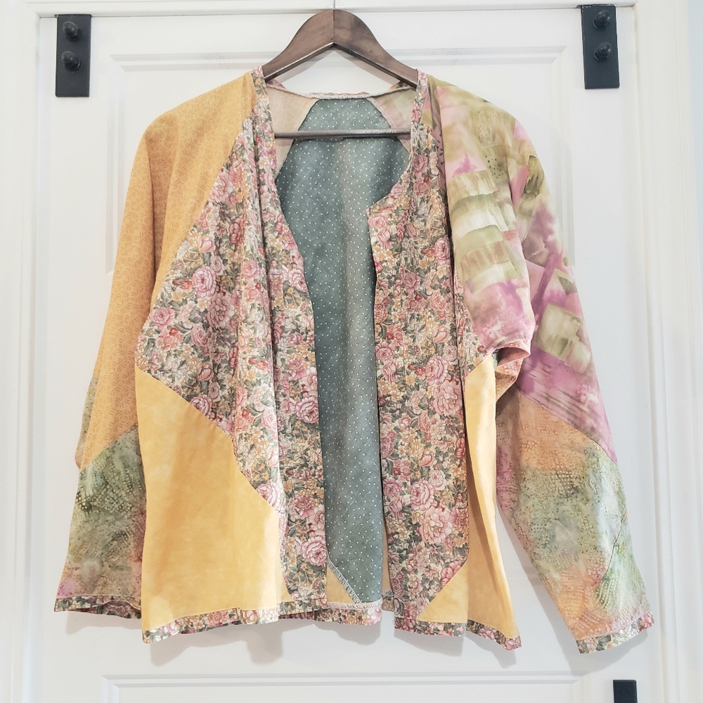 Patchwork Womens L Open Front Top Mixed Print Jacket Lightweight Dolman Sleeve